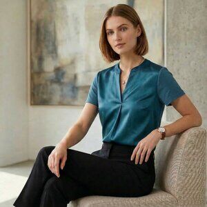 Shimmering Peacock Blue Short Sleeve Top - Cotton Blend Back and Sleeves - Small